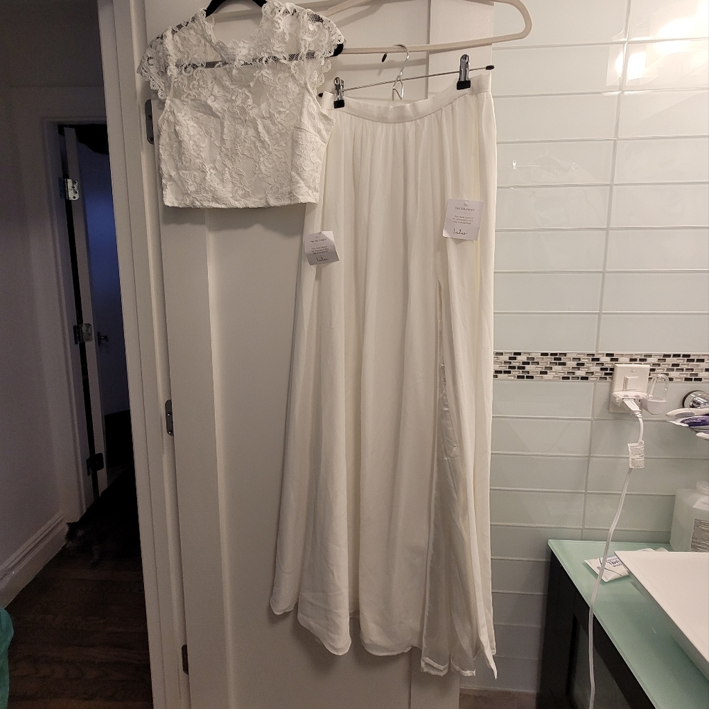 Lulu's Sweet Stunner white lace two piece maxi dress, size M